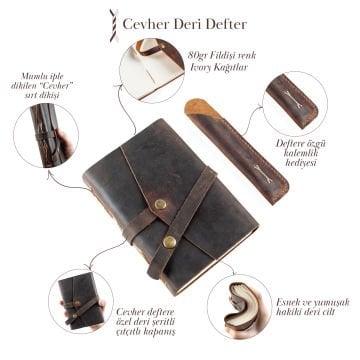 Cevher - A6 Orta Boy Deri Defter / Çıtçıtlı
