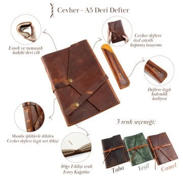 Cevher-A5 Büyük Boy Deri Defter / Çıtçıtlı