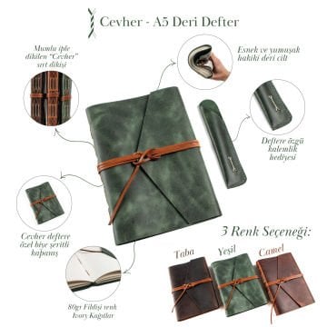 Cevher A5 Büyük Boy Deri Defter / Biye Şeritli
