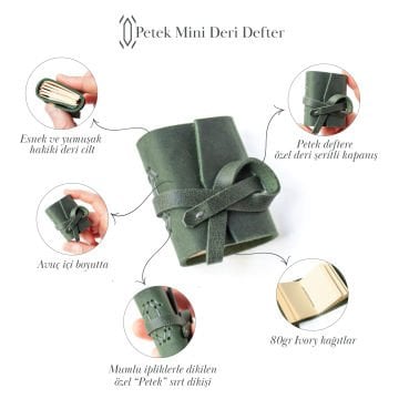 Petek - El Yapımı Küçük Boy / Mini Deri Defter V1 Yeşil