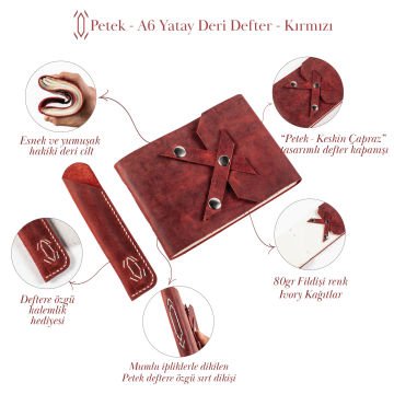 Petek-A6 Orta Boy Yatay Deri Defter Kırmızı - 3 Ortalı - 240 Sayfa