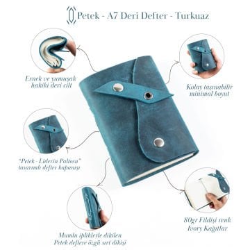 Petek - A7 / Küçük Boy Deri Defter 2 - Liderin Paltosu Turkuaz