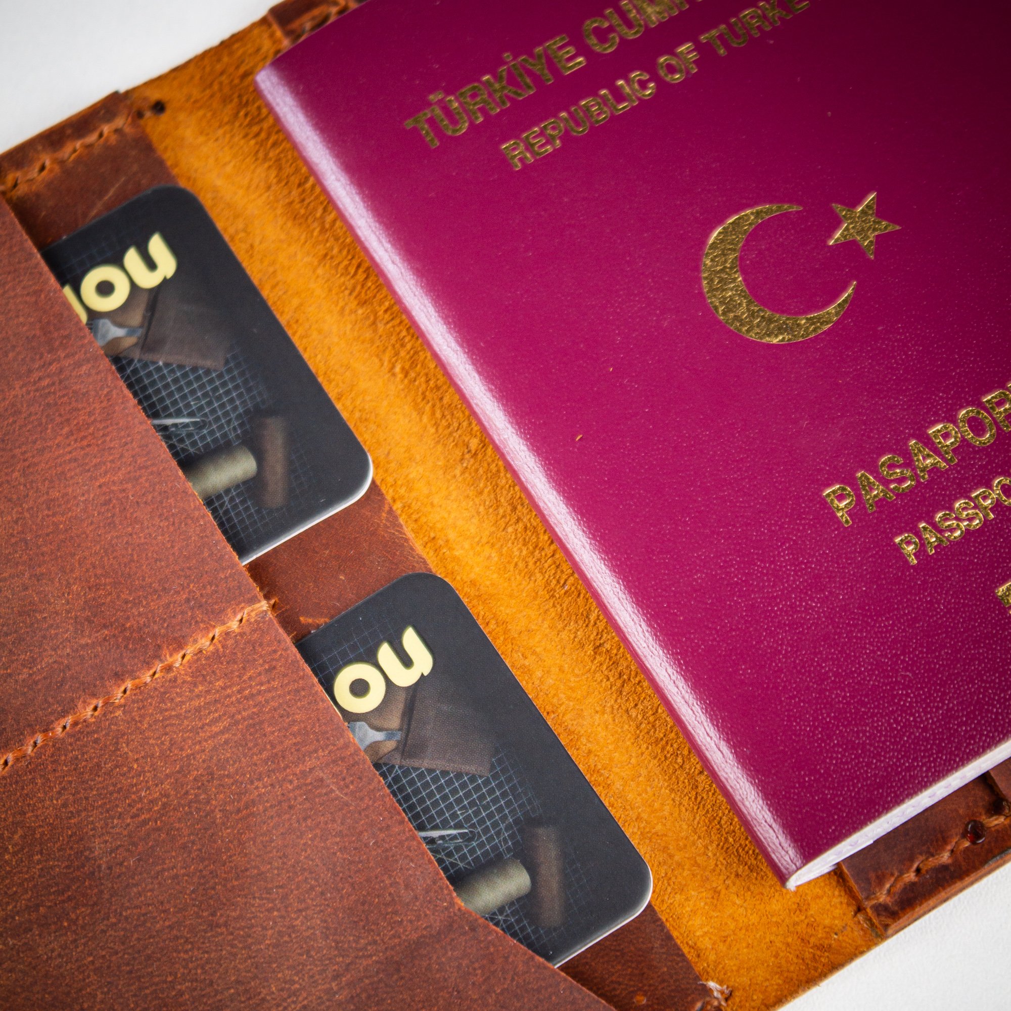 Aras-El Yapımı Deri Pasaport Kılıfı/Cüzdanı Camel