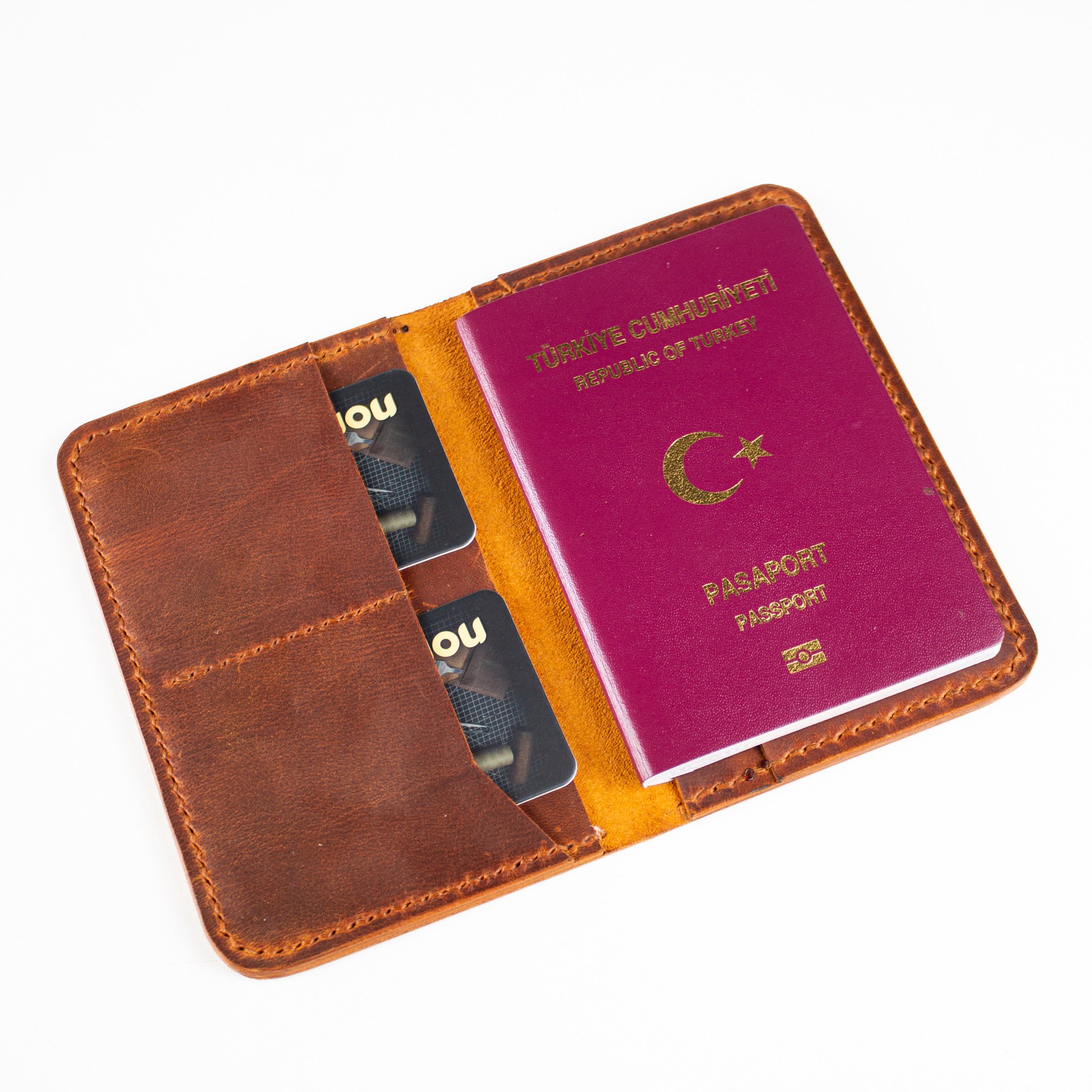 Aras-El Yapımı Deri Pasaport Kılıfı/Cüzdanı Camel