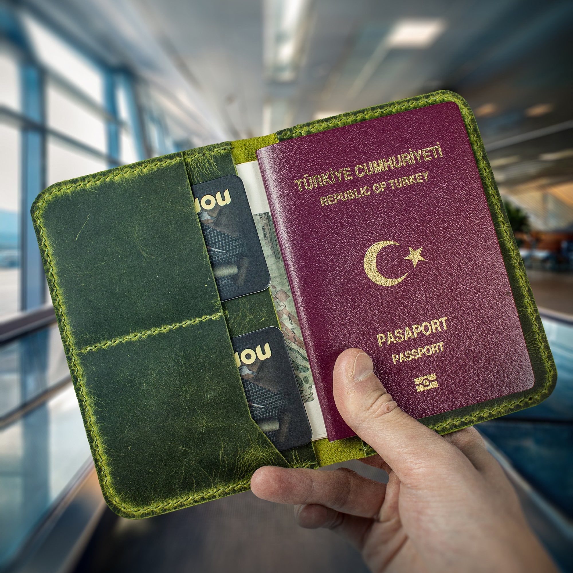 Aras-El Yapımı Deri Pasaport Kılıfı/Cüzdanı Limon Yeşili