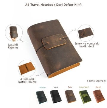 A6 Travel Notebook Deri Defter Kılıfı - Seyahat Defteri 12 x 17cm