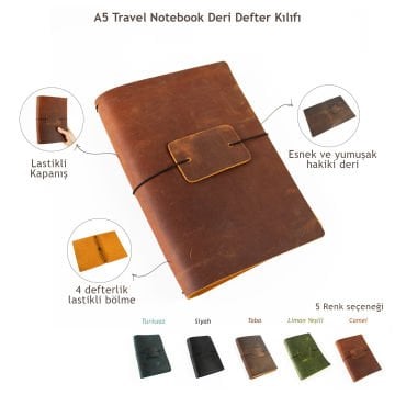 A5 Travel Notebook Deri Defter Kılıfı - Seyahat Defteri 16x23cm
